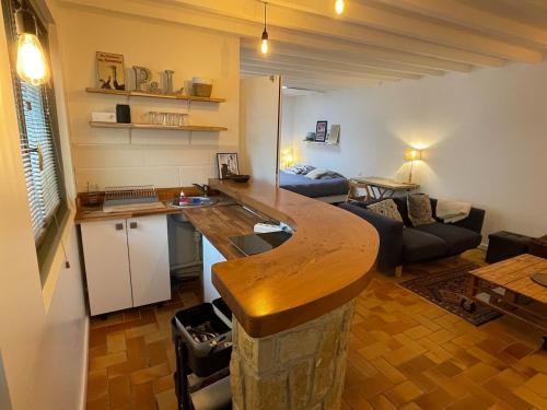 une cuisine avec un comptoir et un salon dans l'établissement Studio 40m2 Antony, à Antony