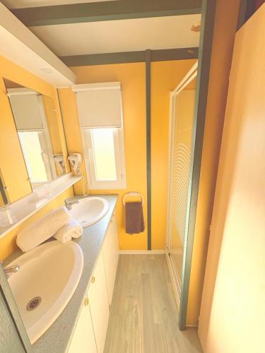 une salle de bain avec deux lavabos et un miroir dans l'établissement Chalet à la ferme, à Pouylebon