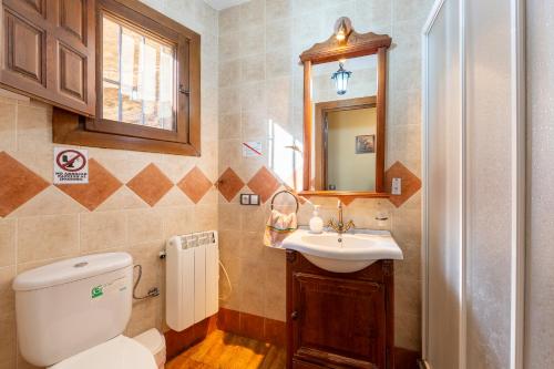 a bathroom with a toilet and a sink and a mirror at Casa Rural La Jirola -Vivienda 2 in Escúllar
