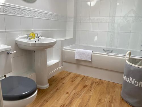 a bathroom with a sink and a toilet and a tub at Idyllic Two bed country cottage in Kirkby Thore