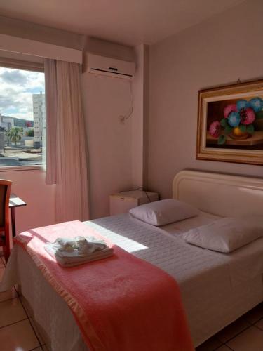 a hotel room with a bed with a window at Colle Tourist Hotel Standard Sem Elevador in Criciúma
