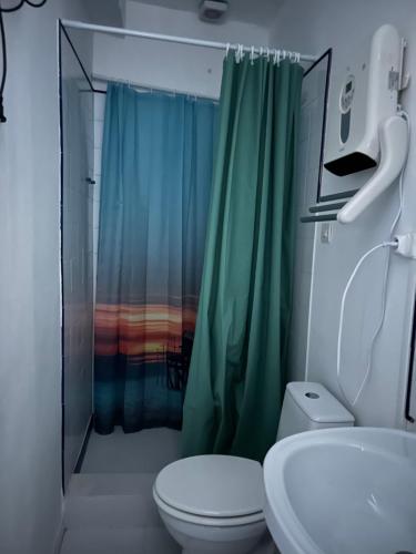 La salle de bains est pourvue de toilettes et d'un rideau de douche vert. dans l'établissement maison charmante village, à Gruissan