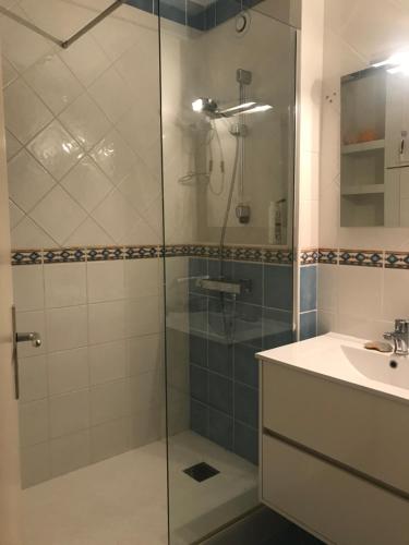 une salle de bain avec une douche en verre et un lavabo dans l'établissement La Grande Motte Appart 4 pers RDJ piscine, à La Grande Motte