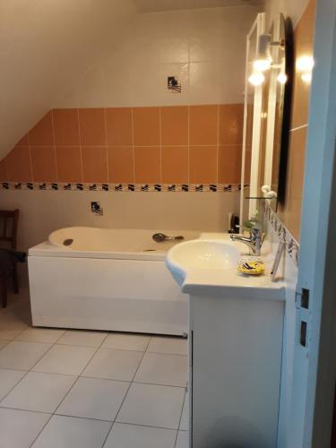 une salle de bain avec une baignoire et un lavabo et une baignoire dans l'établissement CatyDany, à Saint-Georges-du-Bois
