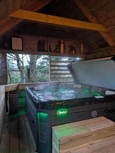 - un barbecue extérieur avec des lumières vertes dans un bâtiment dans l'établissement Gîte Les Hortensias Les Jardins de Kerellec 20min de la mer jacuzzi et terrasse, à Plouvorn
