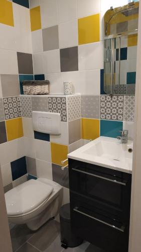 une salle de bain avec toilettes et lavabo dans l'établissement Jolie Studette au calme 10 min de Tours centre, à Fondettes