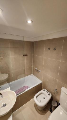a bathroom with a toilet and a tub and a sink at Terrazas del Beagle Deluxe in Ushuaia