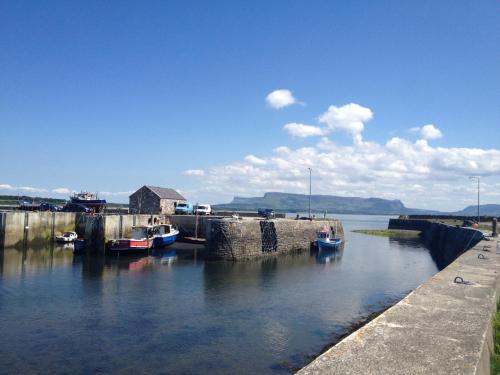 a group of boats docked at a dock in the water at Yeats Lodge in Drumcliff