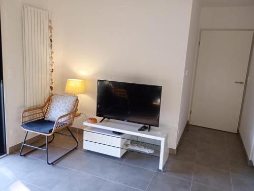 a living room with a flat screen tv and a chair at Henea in Saint-Paul-lès-Dax