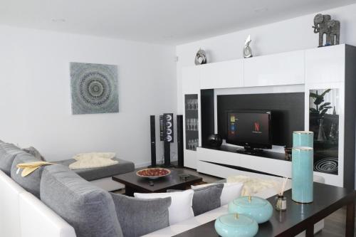 a living room with a couch and a tv at Ruhiges Modernes Haus Parkplatz WLAN Whirlpool in Aveiro