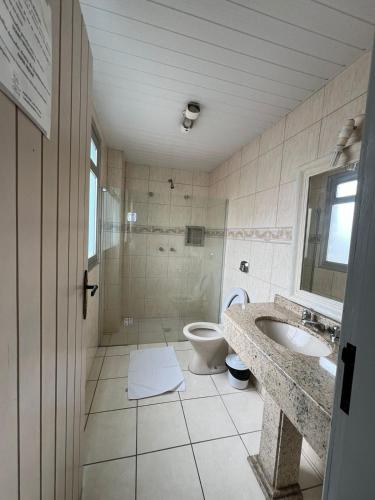 a bathroom with a toilet and a sink and a shower at Colle Tourist Hotel Standard Sem Elevador in Criciúma