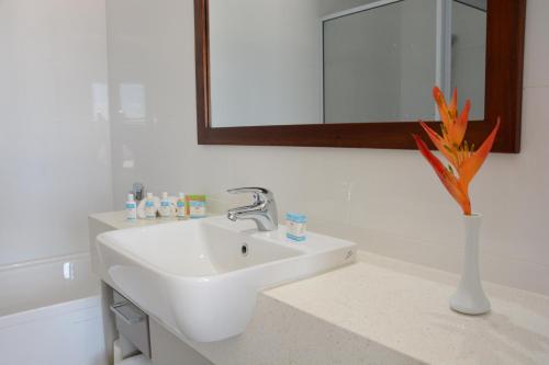 a bathroom with a sink and a mirror and a vase at Ratsun Nadi Airport Apartment Hotel in Nadi