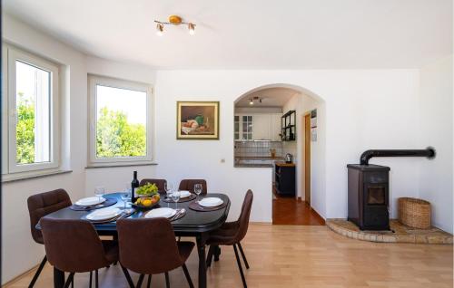 a dining room with a table and chairs and a wood stove at 3 Bedroom Cozy Home In Brisevo in Briševo