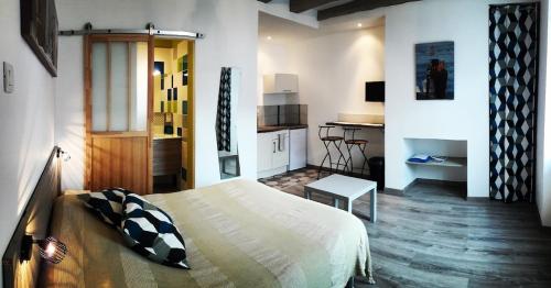 a bedroom with a large bed and a kitchen at Joli studio au calme 10 min de Tours centre in Fondettes