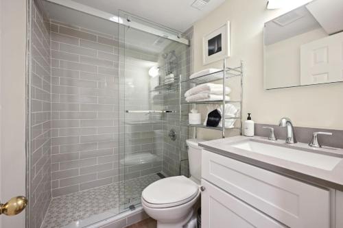 a bathroom with a shower and a toilet and a sink at NEW Classy Dupont-Logan Apt Parking in Washington, D.C.