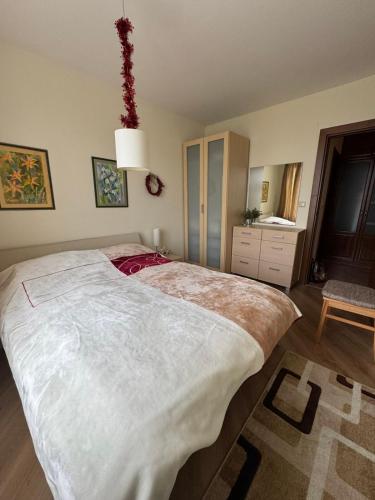 a bedroom with a large bed in a room at Pirin Golf View Apartment Bansko in Bansko