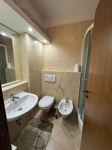 a bathroom with a toilet and a sink at Pirin Golf View Apartment Bansko in Bansko