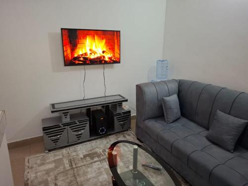 a living room with a couch and a fireplace at Aisha Holiday Homes in Mombasa