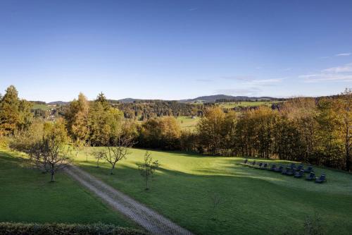 a green field with a bunch of benches in it at Arabella Jagdhof Resort am Fuschlsee, a Tribute Portfolio Hotel in Hof bei Salzburg