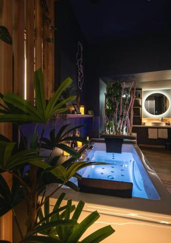 a hot tub in a room with a plant at Loft2love, suite de luxe in Saverne