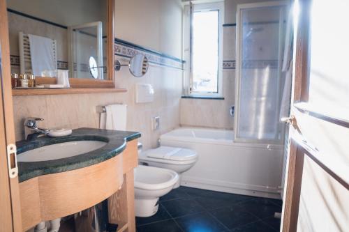 a bathroom with a sink and a toilet and a shower at Hotel Alle Alpi in Moena