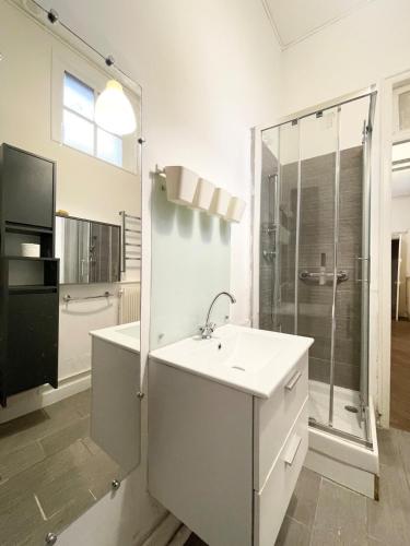 une salle de bain blanche avec un lavabo et une douche dans l'établissement Appartement Atypique Hypercentre, à Rouen