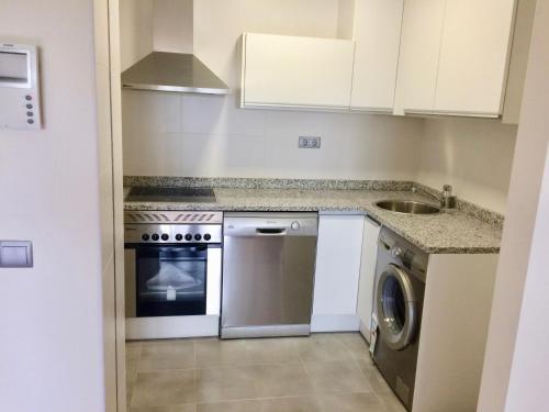 a small kitchen with a stove and a dishwasher at Apartamento Europa Jardin in Oviedo