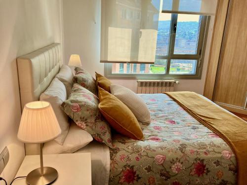 a bedroom with a bed with pillows and a window at Apartamento Europa Jardin in Oviedo