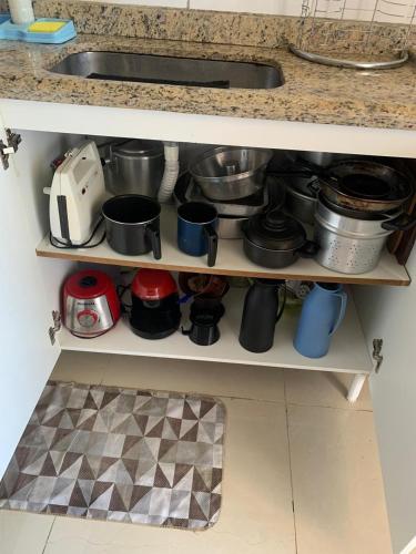 a kitchen shelf with pots and pans and a sink at Arbricot in Rio das Ostras