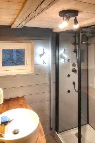La salle de bains est pourvue d'une douche et d'un lavabo blanc. dans l'établissement Maison pittoresque à Sainte-Croix-aux-Mines, vue sur la montagne, à Sainte-Croix-aux-Mines