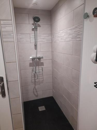 een badkamer met een douche met witte tegels bij La petite maison studiot in Pornic