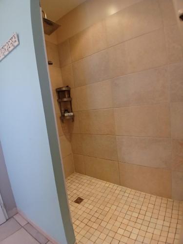 a bathroom with a shower with a tiled floor at Villa Romance in Audenge