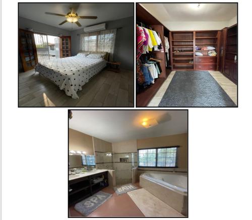 two pictures of a bedroom with a bed and a tub at Kentia Home in Belmopan