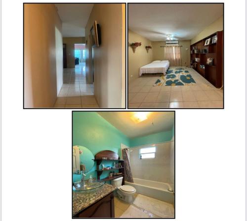 two pictures of a bathroom and a bedroom at Kentia Home in Belmopan