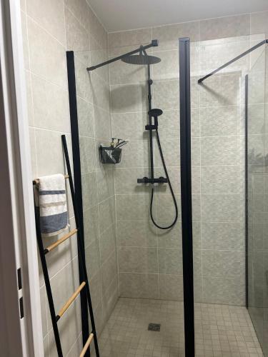 a shower with a glass door in a bathroom at Beau studio in Élancourt