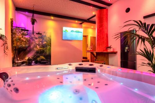 a large hot tub in a room with a tv at Tropical Wellness Suite I Sauna I Whirlpool I Hot Tub I TV I BBQ in Büdesheim