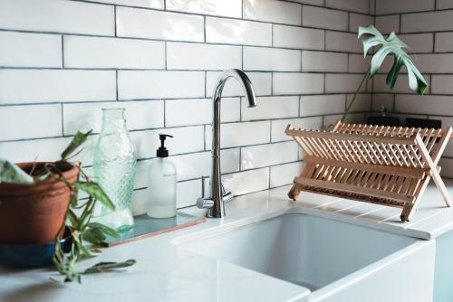 un évier de cuisine avec un robinet et une plante dans l'établissement Beautiful central Edinburgh Apartment, à Édimbourg