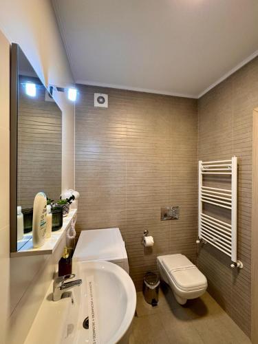 a bathroom with a white sink and a toilet at Apartament Alma in Sinaia