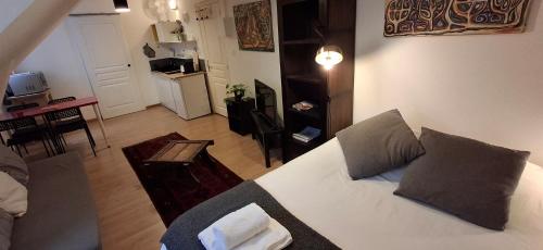 un salon avec un canapé blanc et une cuisine dans l'établissement Les studios d'Eric N6, à Tours