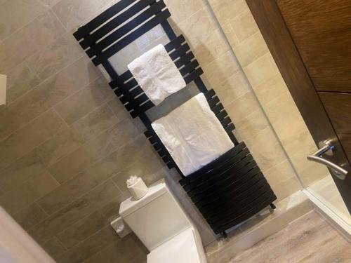a bathroom with a toilet and a shower with towels at The Psalter in Sheffield