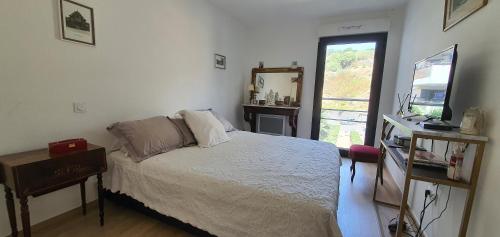 une chambre avec un lit, une télévision et une fenêtre dans l'établissement T3 vue mer proche plage, à Ajaccio