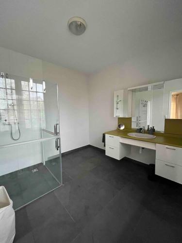une salle de bain avec douche et lavabo dans l'établissement Maison d 'architect Bourgogne, à Saint-Florentin