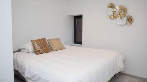 une chambre avec un lit blanc avec des oreillers et une fenêtre dans l'établissement Nouveau Le Grand Champagne immeuble entier, à Champagne-en-Valromey