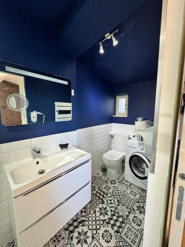 une salle de bain bleue avec un lavabo et des toilettes dans l'établissement Maison de village St Paul de Vence, à Saint-Paul-de-Vence