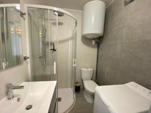 une salle de bain avec une douche, un lavabo et des toilettes dans l'établissement Appartement 2 étoiles climatisé avec balcon, proche Thermes, animaux admis - FR-1-503-37, à Balaruc-les-Bains