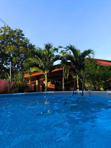 a swimming pool with blue water and palm trees at Villa tico House in Cariari