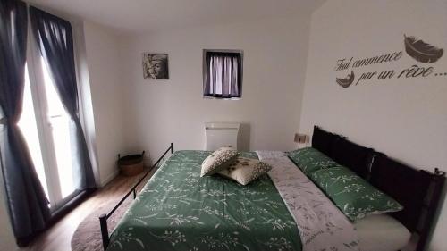 - une chambre avec un lit vert et des oreillers dans l'établissement La Casita, à Châlons-en-Champagne