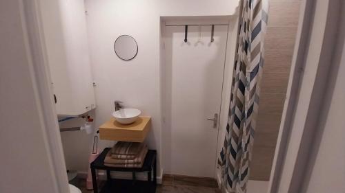 une petite salle de bain avec un lavabo et un miroir dans l'établissement La Casita, à Châlons-en-Champagne