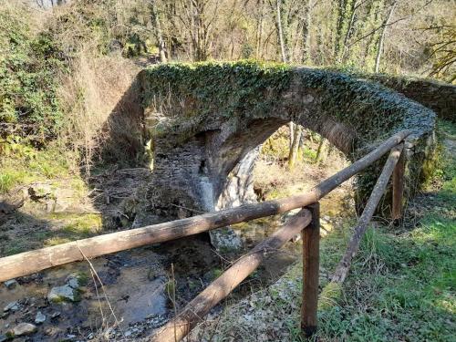 an old bridge covered in green ivy next to a fence at Eremo Gioioso in Pontremoli