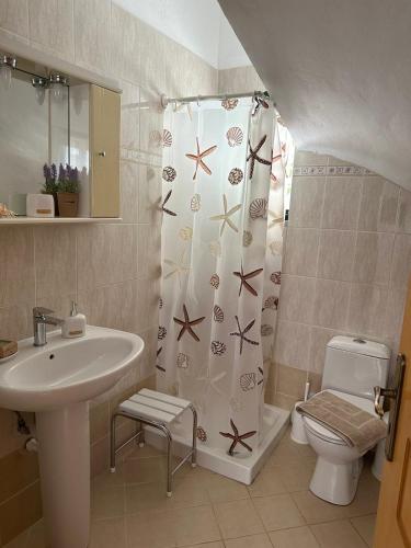 a bathroom with a sink and a toilet and a shower curtain at Villa Elpida Aspro in Koprána